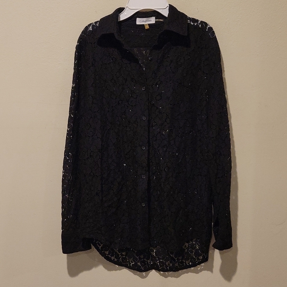 ❤ CALVIN KLEIN BLACK LACE BUTTON DOWN SHIRT / TOP, XS